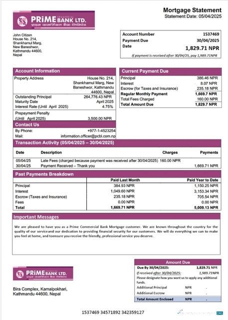 Download Nepal Prime Commercial Bank mortgage statement Word and PDF template Photoshop template